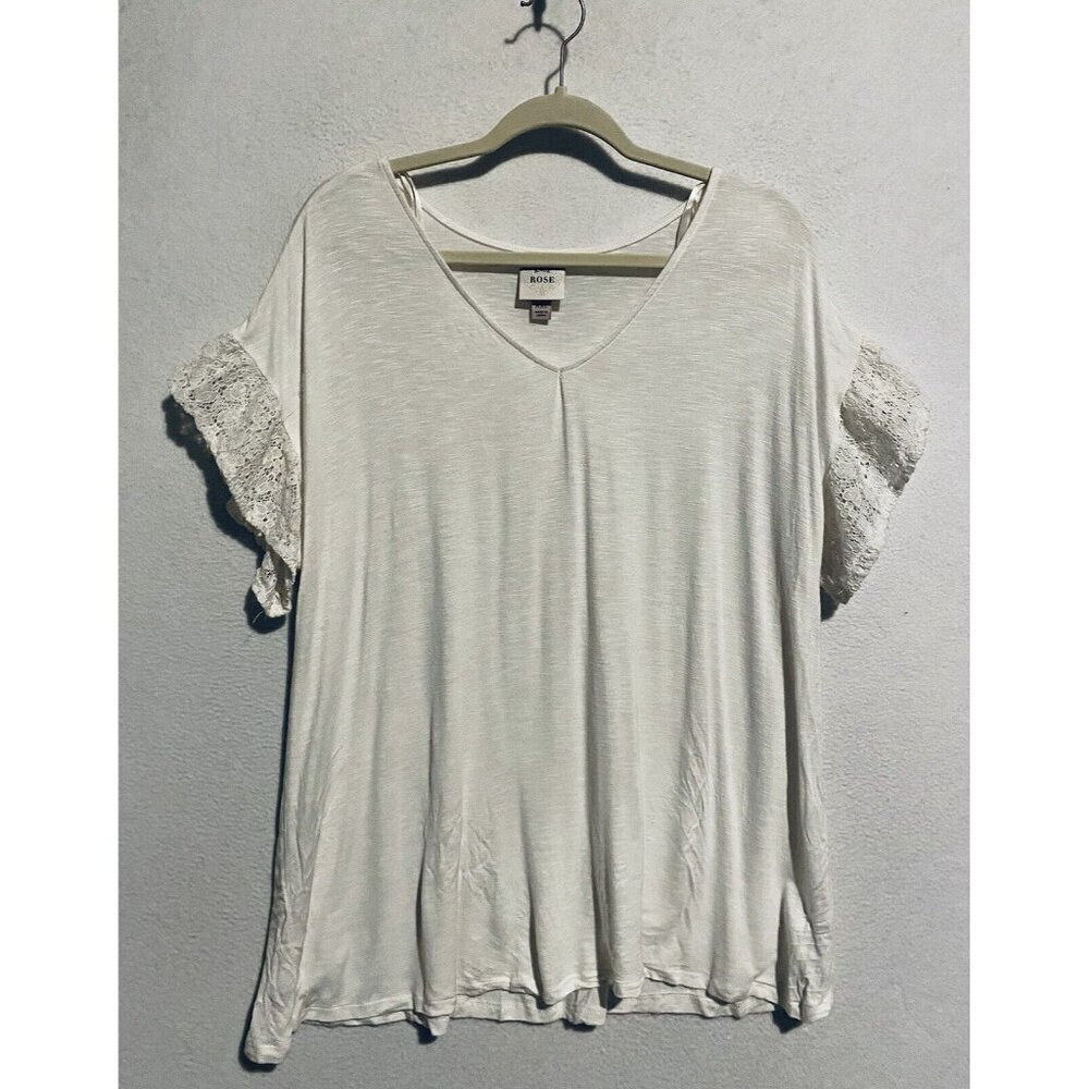 Knox Rose Top Womens XXL White Slub Knit Lace Trim Flutter Sleeve Flirty Boho